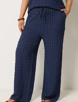 Women's Bubble Textured Wide Leg Trousers in Mid Navy Size: 34-36R - Mid Navy - Size: 34-36R - Yours - FashionsVida