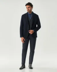 Blazer blu in jersey stretch micro armatura con rever a lancia
