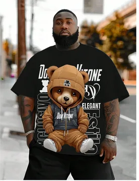 Camiseta de hombre talla grande 2025 con estampado de oso de dibujos animados 3D, camiseta deportiva de manga corta talla grande negra de verano - Shein - FashionsVida