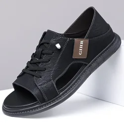 New Men's Leather Sandals Lace-up Breathable Hollow Out Casual Shoes Male Non-slip Soft Sole Outdoor Beach Sandals Man