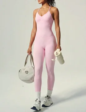 Mono de tirantes finos con cuello en V y fruncido para mujer, conjunto de yoga y fitness que estiliza y levanta para el verano - Shein - FashionsVida