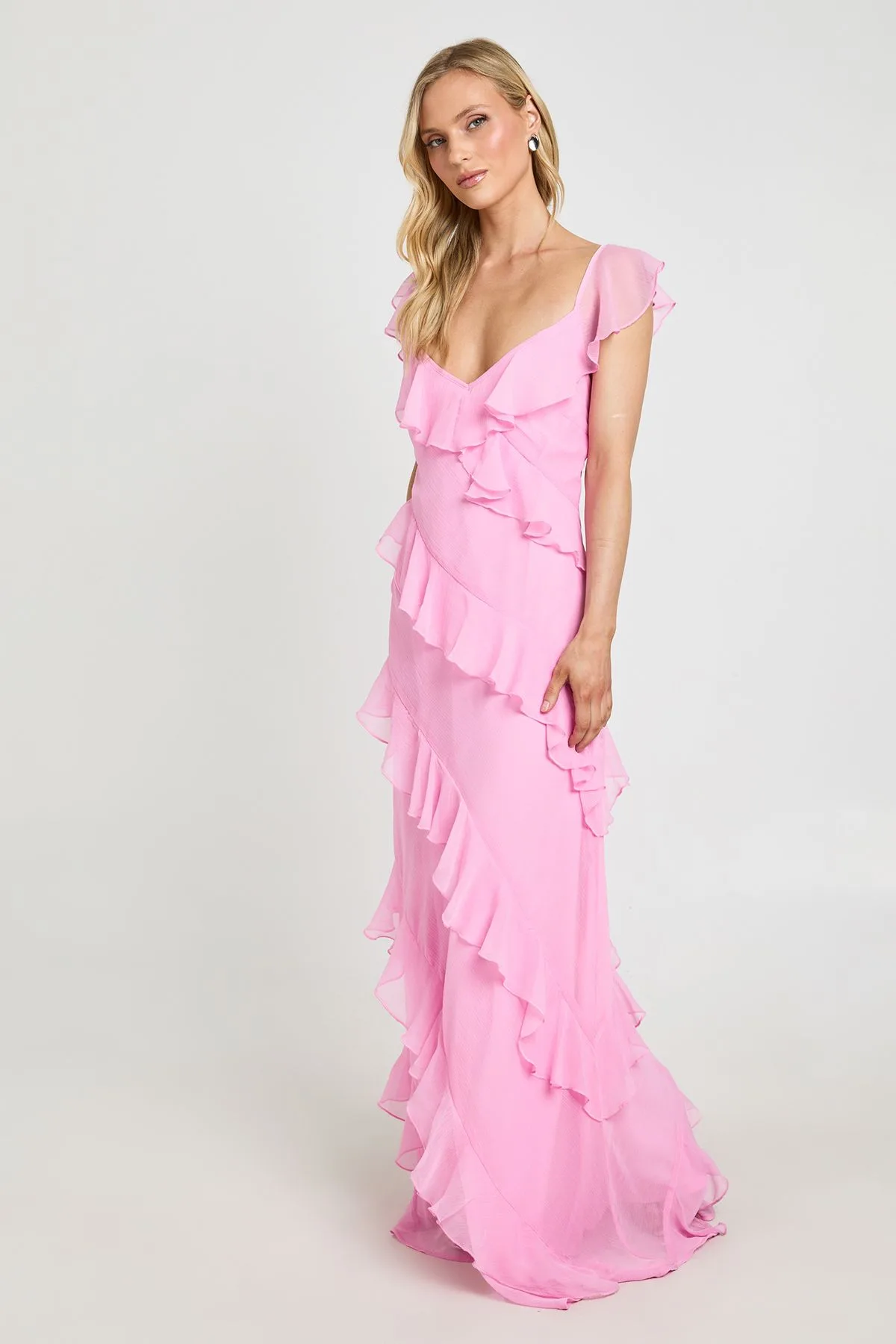 Womens Petite Chiffon Ruffle Floor Sweeping Maxi Dress - Pink - Boohoo - FashionsVida