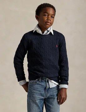 Maglia blu Polo in cotone a trecce e logo pony rosso - Ralph Lauren - FashionsVida