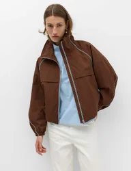 Contrast Piped Funnel Neck Windbreaker Jacket Conker female