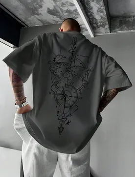 Camiseta de manga corta con cuello de tripulación, estampado de mapa náutico, talla grande, para verano - Shein - FashionsVida