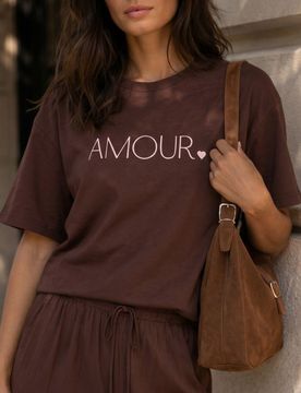 T-shirt in viscosa con scritta «Amour» - marrone scuro