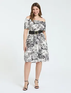Vestido off-shoulder con estampado exótico fresco y agradable sobre la piel - Fiorella Rubino - FashionsVida