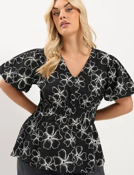 Women's Floral Puff Sleeve Blouse in Black Size: 16 - Black - Size: 16 - Yours - FashionsVida