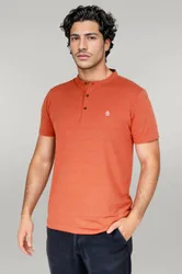 Mens Henley T-Shirt Top - Salmon Cotton - Size Small