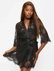 Lace Satin Trim Wide Sleeve Robe Black female