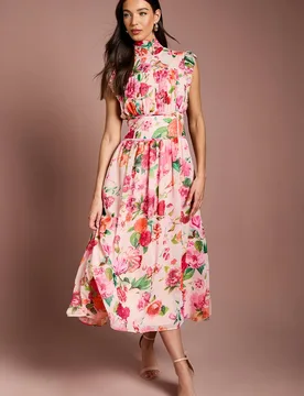 Women's Ruched Detail Printed Georgette Midi Dress in Pink Size: 10 - Pink - Size: 10 - Coast - FashionsVida