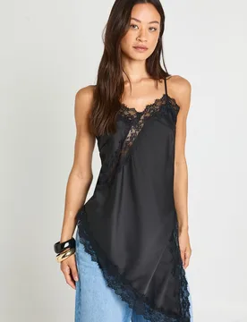 Womens Tall Satin Lace Longline Cami - Black Elastane - Size 8 Uk - Boohoo - FashionsVida