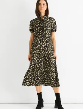 Womens Green Animal Print Ruffle Neck Midi Dress - Size 10 Uk - Gini London - FashionsVida