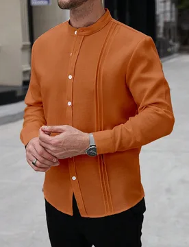 Camisa de manga larga con botones color naranja quemado para hombre, textura de otoño con arrugas, doble bolsillo, casual de negocios, para ir al tra - Shein - FashionsVida