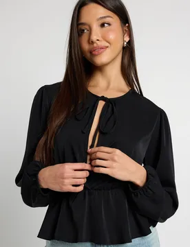 Womens Tie Front Peplum Hem Top - Black - Size 16 Uk - Boohoo - FashionsVida