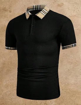 Camisa polo de punto de manga corta casual versátil de verano con media tapeta de color contrastante para hombres, vacaciones, regalos del Día del P - Shein - FashionsVida