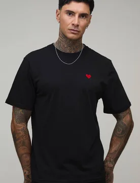 Herren Großes Reguläres Herz-besticktes Oberteil Black Größe Medium - boohooMAN - FashionsVida