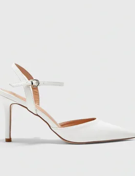 Tacones de aguja de tira de tobillo de punta puntiaguda mate blanco para mujer, zapatos elegantes y profesionales para ir al trabajo - Shein - FashionsVida