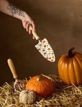Paletta da giardino con manico in legno e motivo zucca - arancione