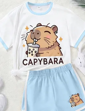 Conjunto de 2 piezas de ropa para niñas con estilo Capibara, top con estampado lindo de bebida de boba y shorts rosas, ropa de verano suave, cómoda - Shein - FashionsVida