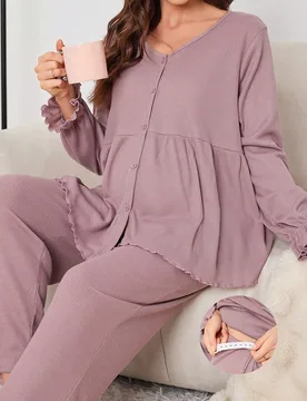 Conjunto de salón de maternidad con mangas abiertas y acampanadas, cuello en V, unicolor, cómodo y elegante, atuendo, otoño e invierno - Shein - FashionsVida