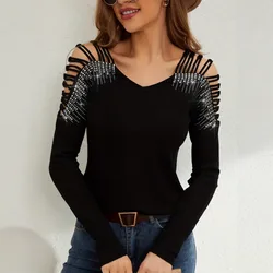 New Fashion Lace Patchwork Heavy RhinestonevLong-sleeve shirtTShirt Women's Top