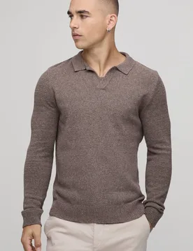 Men's Regular Fit Cotton Blend Long Sleeve Knitted Polo Brown Size Small Brown S - boohooMAN - FashionsVida