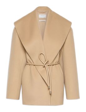 Hand-Sewn Double Virgin Wool Blazer with Wide Scarf Collar, Double-Layer Lapels & Tubular Belt