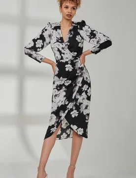 Women's Print Satin Wrap Bodycon Dress in Black Size: 16 - Black - Size: 16 - Jolie Moi - FashionsVida