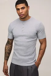 Herren Muscle Fit Ripp-Henley-Ausschnitt Kurzarm T-Shirt Grey Marl Größe Small
