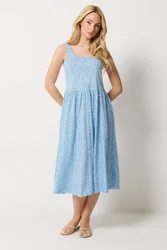 Cotton Midi Dress - Light Blue - Size: 16