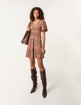 Button Through Elastic Waist And Neck Mini Dress - L/XL / BLACK PATTERN - female - Blue Vanilla - FashionsVida
