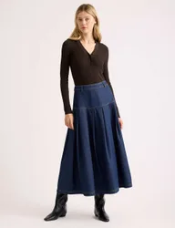 Denim Pleated Drop Waist Midi A-Line Skirt Indigo female