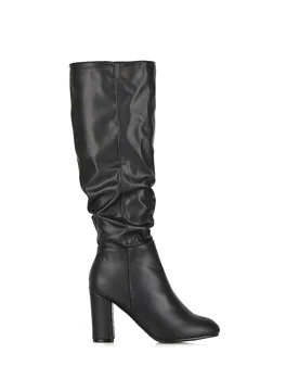 Women's 'Alana' Ruched Zip-up Block Heeled Long Boots in Black Size: 6 - Black - Size: 6 - XY London - FashionsVida