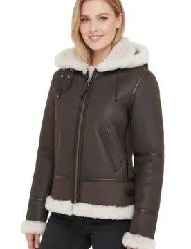 Women's Hooded Sheepskin Flying Leather Jacket-Orford in Brown Size: 20 - Brown - Size: 20 - Infinity Leather - FashionsVida