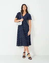 Polka Dot Flutter Sleeve Midi Tea Dress Navy female