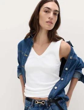 Cotton Rich Ribbed V-Neck Vest Soft White female - M&S - FashionsVida