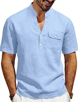 Summer Men's Solid Color Linen T-Shirt Beach Simple Casual Tooling V-Neck Shirt Short Sleeve Men - Aliexpress - FashionsVida