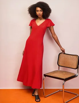 V-Neck Midaxi Column Dress with Linen Red female - RO&ZO - FashionsVida