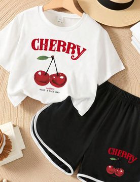 Conjunto casual de 2 piezas para niñas, camiseta con estampado "CHERRY" & cereza roja, pantalones cortos tipo delfín con estampado de cereza a juego