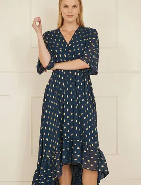 Women's Navy Foil Print Wrap Over Dip Hem Midi Dress Size: 18 - Navy - Size: 18 - Yumi - FashionsVida