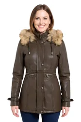 Leather Hooded Parka Jacket-Charleville - Brown - Size: 24