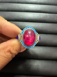 Tibetan Silver Cloisonne Ring, Inlaid Star Ruby, Retro Ethnic Style, Adjustable Open Band, Unisex Vintage Finger Jewelry