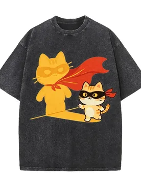 Superhero Cat Graphic Washed T-shirt Men Oversized Grey Short Sleeve Casual Streetwear Loose Fashion Tees - Aliexpress - FashionsVida