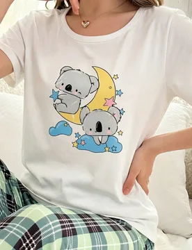 Pieza Top de pijama de manga corta con estampado de dibujos animados blanco para mujeres - Shein - FashionsVida