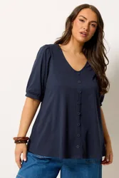 Women's Button Front Puff Sleeve Top in Mid Navy Size: 20 - Mid Navy - Size: 20