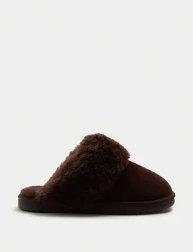 Suede Faux Fur Trim Mule Slippers Chocolate female - M&S - FashionsVida