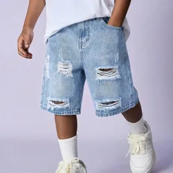 Pantalones cortos vaqueros informales con bolsillo y cremallera desgastados para niño preadolescente