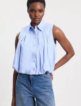 Women's Cotton Sleeveless Puffball Shirt in Pale Blue Size: 16 - Pale Blue - Size: 16 - Karen millen - FashionsVida