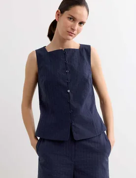 Pure Cotton Dobby Stripe Square Neck Waistcoat Navy female - Jaeger - FashionsVida